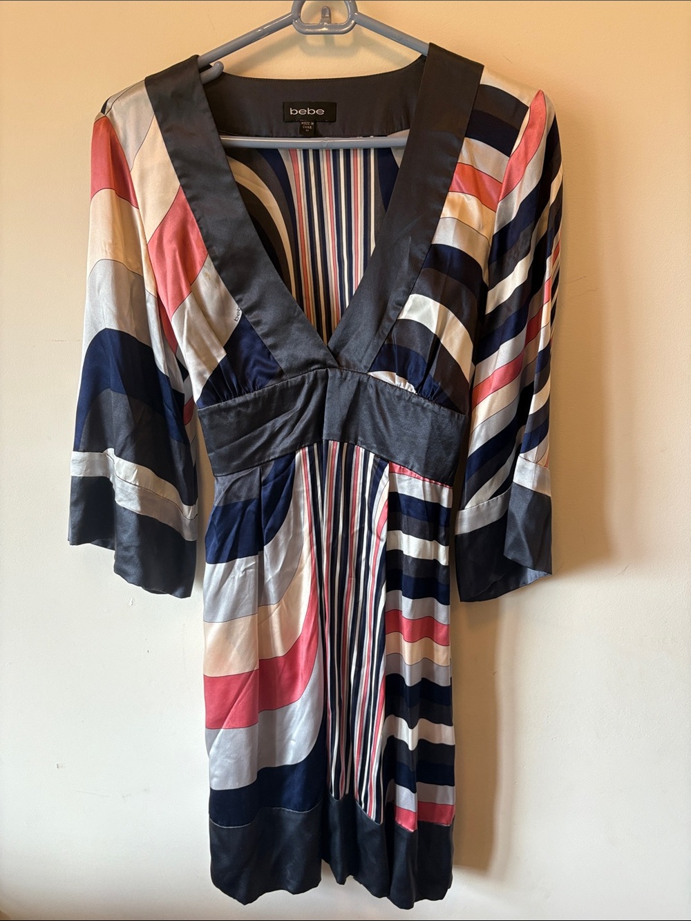 bebe Striped Satin V-Neck Dress — Navy, Coral & Cream